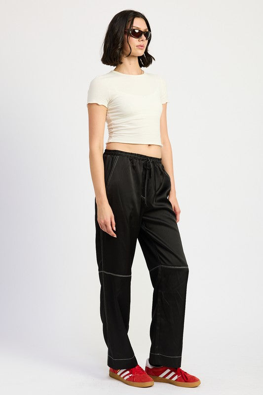 SATIN LOUNGE PANTS WITH CONTRASTED STITCH