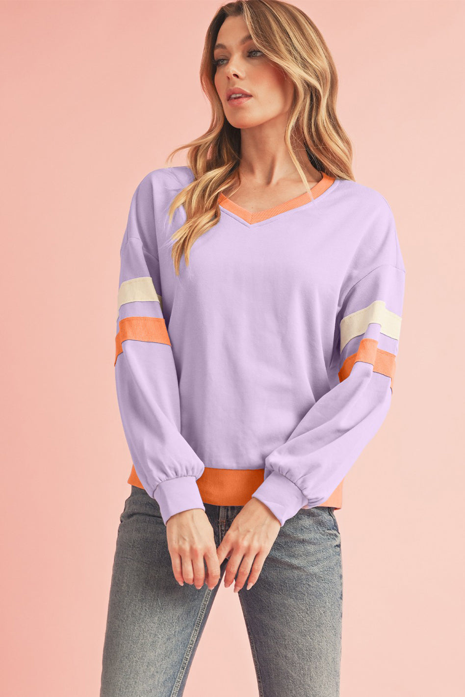 Rib Patchwork Drop Shoulder V Neck Sweatshirt