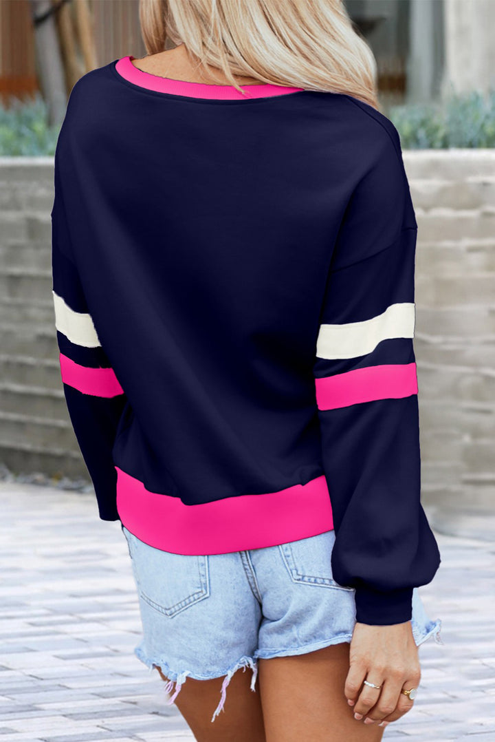 Rib Patchwork Drop Shoulder V Neck Sweatshirt