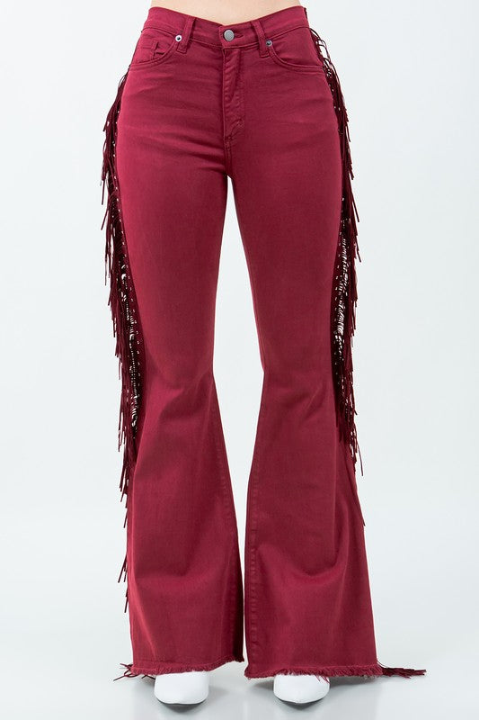 Texas Sun Fringe Bell Bottom jean in Wine