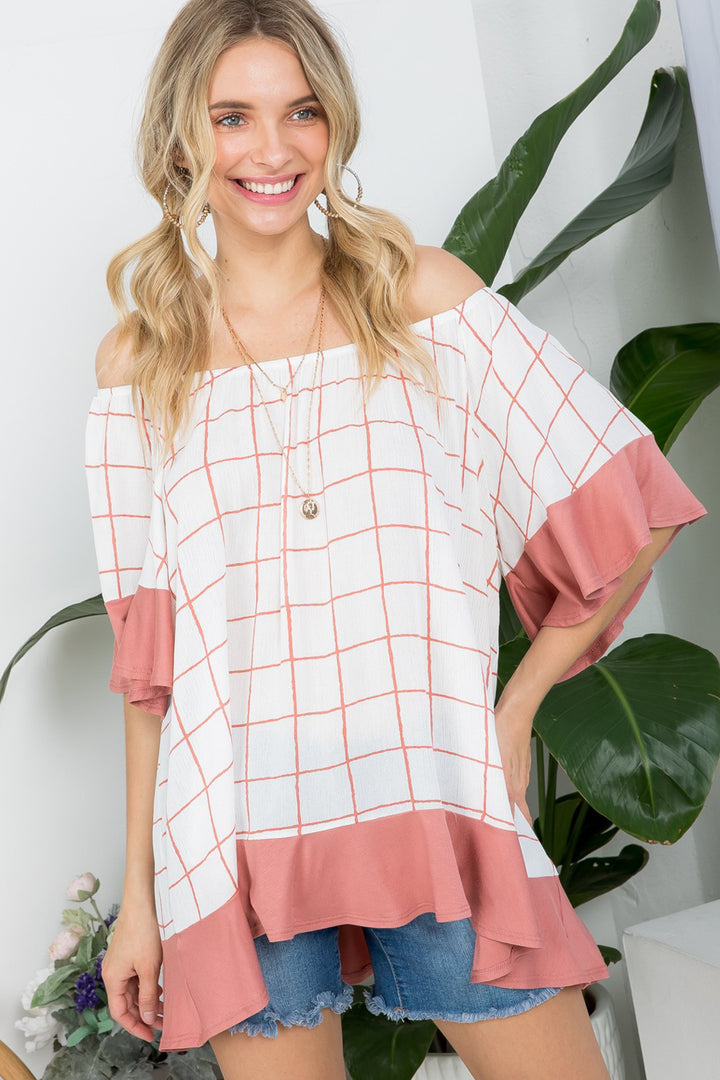 PLAID MIX RUFFLE PEASANT TOP