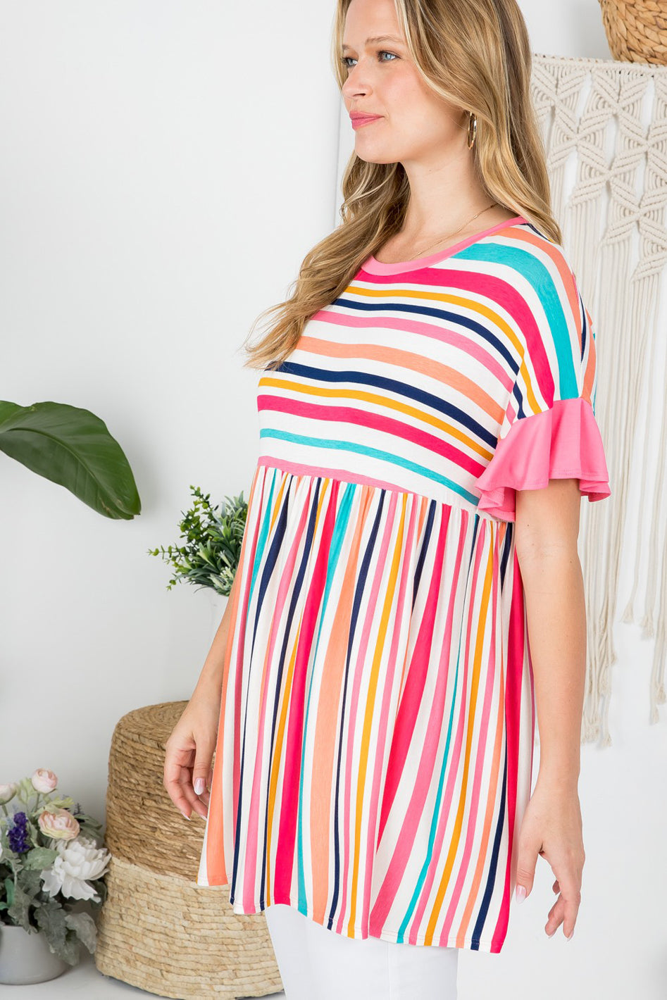 MULTI STRIPE BABYDOLL TUNIC TOP