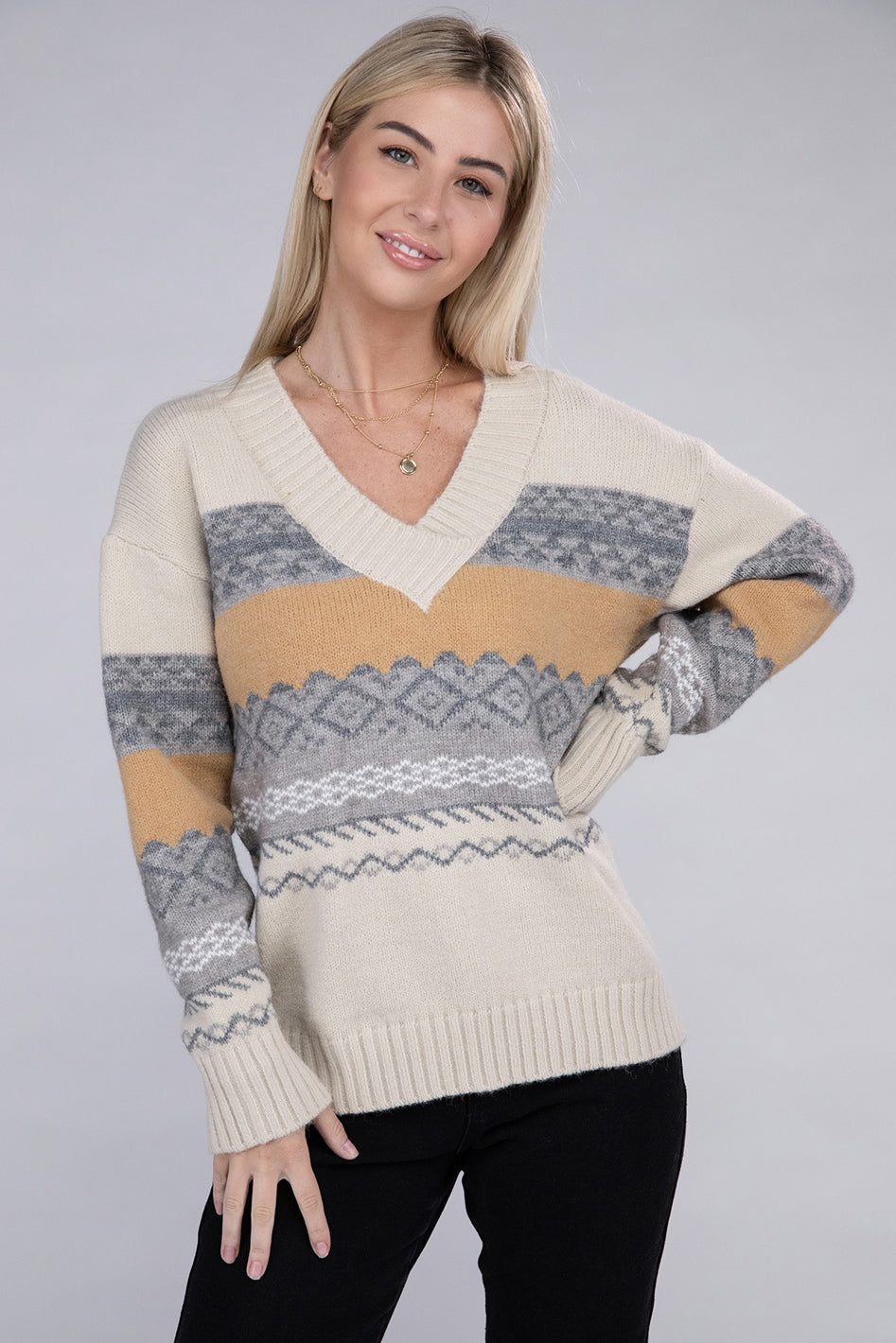 Multicolor Stripe V Neck Sweater - Azoroh