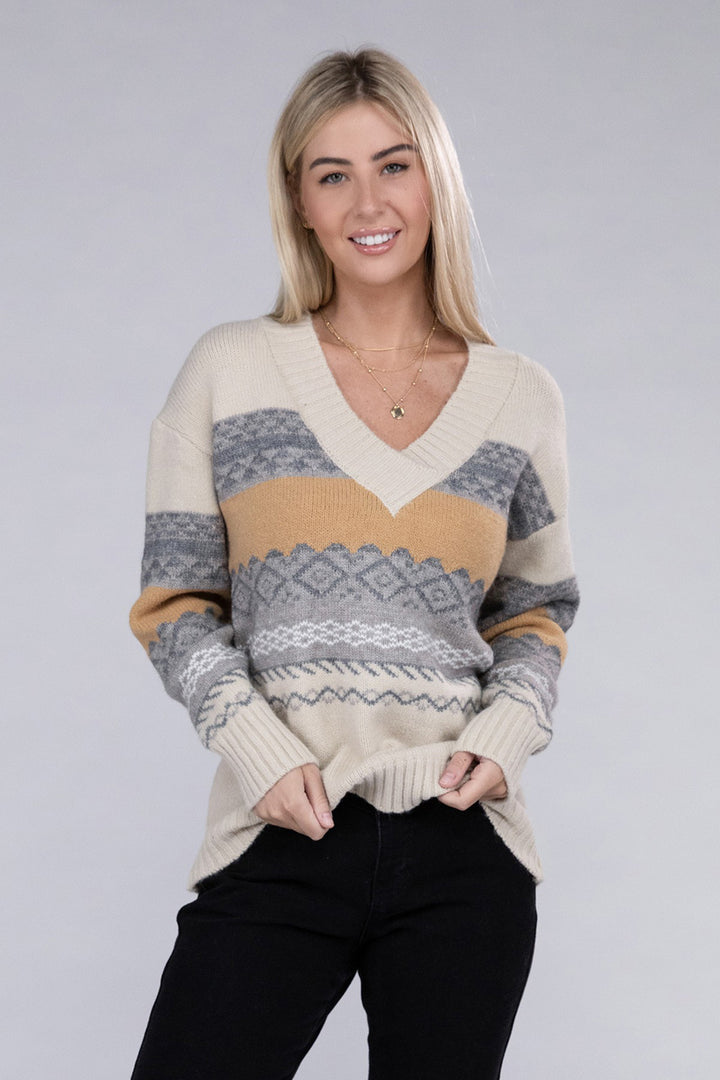 Multicolor Stripe V Neck Sweater - Azoroh