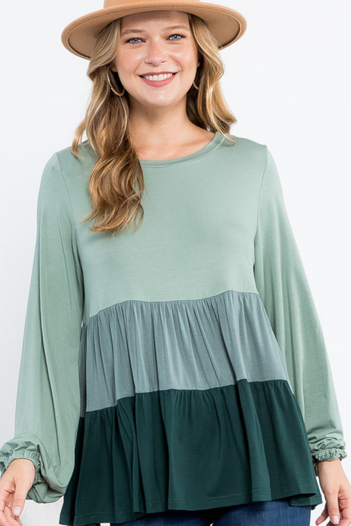 COLOR BLOCK RUFFLE TIERED SWING TOP