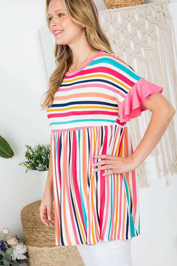 MULTI STRIPE BABYDOLL TUNIC TOP