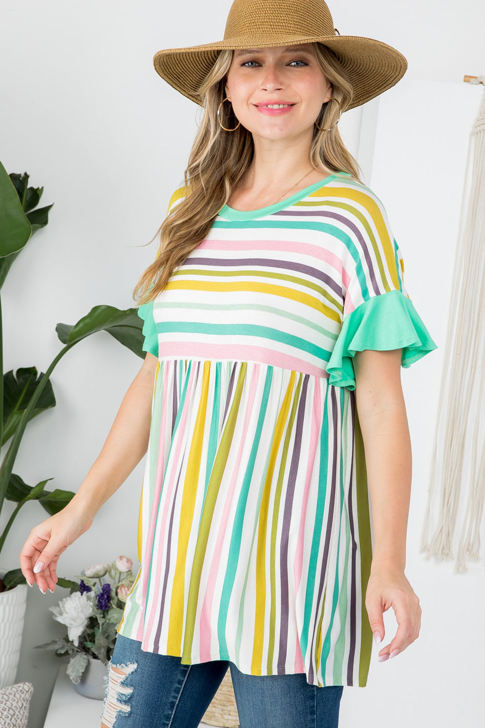 MULTI STRIPE BABYDOLL TUNIC TOP