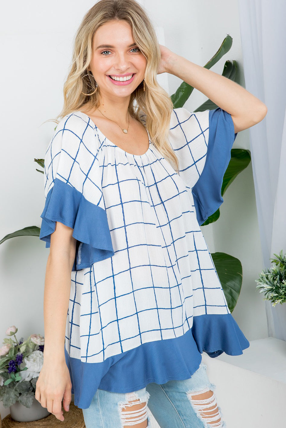 PLAID MIX RUFFLE PEASANT TOP