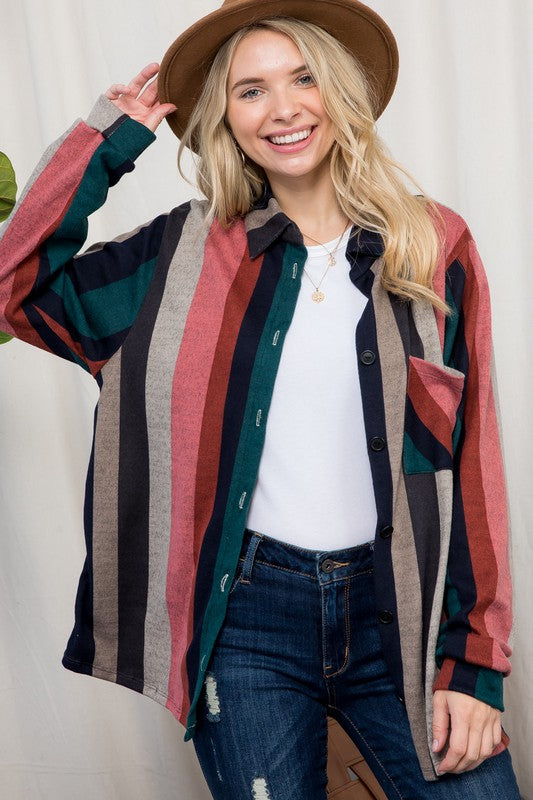 COZY STRIPE BUTTON DOWN SHACKET