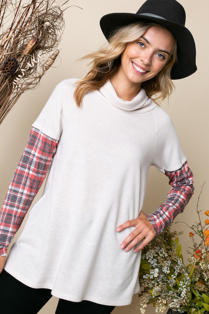 PLAID MIXED TURTLE NECK TOP