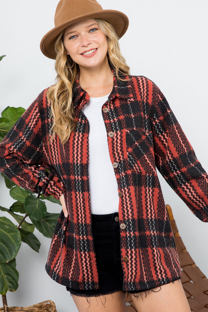 FUZZY PLAID BUTTON DOWN SHACKET