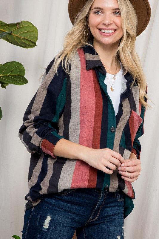 COZY STRIPE BUTTON DOWN SHACKET