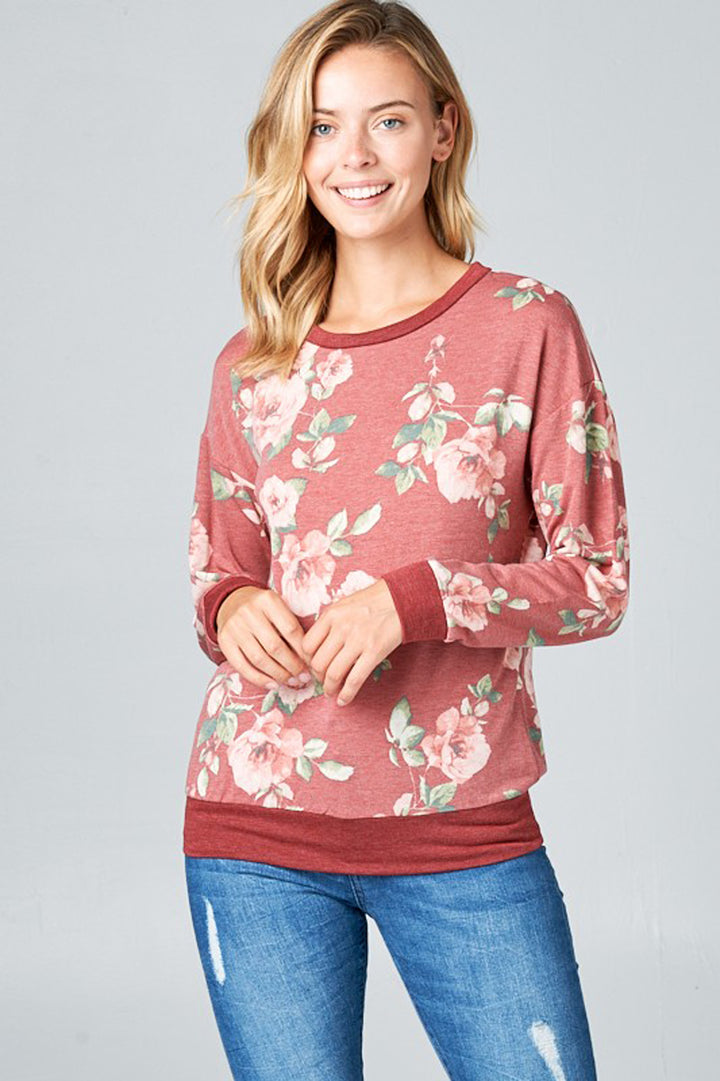 FLORAL FRENCH TERRY LONG SLEEVE TOP