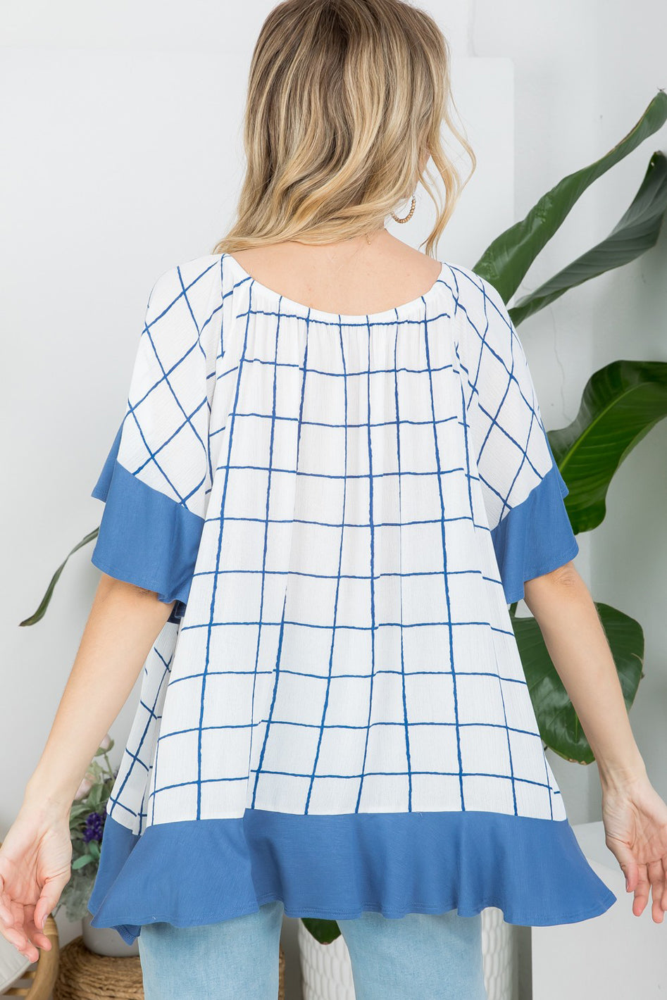 PLAID MIX RUFFLE PEASANT TOP