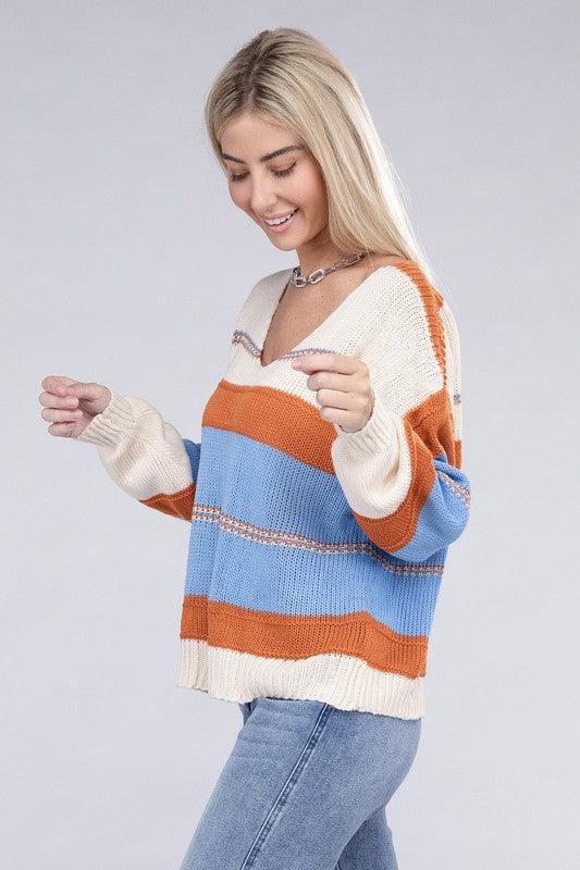 Striped pattern Knit  V Neck Sweater - Azoroh