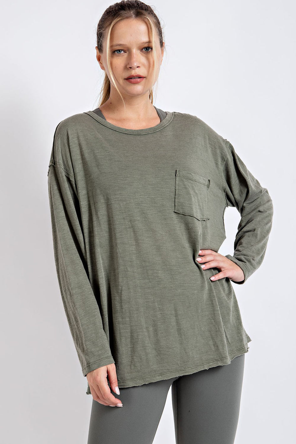 Mineral Washed Round Neckline Long Sleeves Top - Azoroh