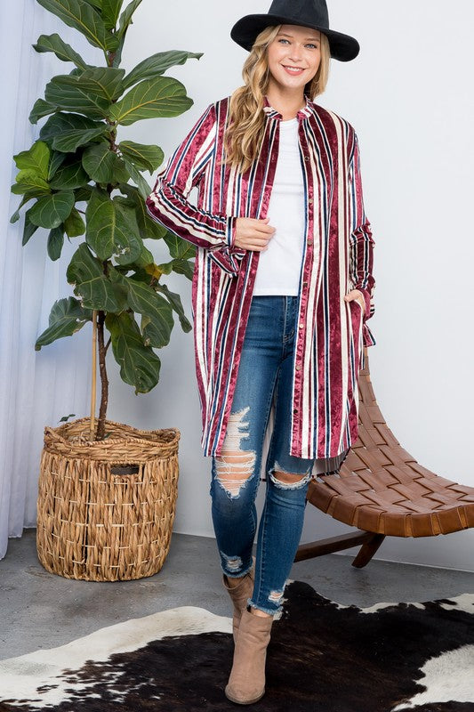 STRIPE VELVET LONG CARDIGAN