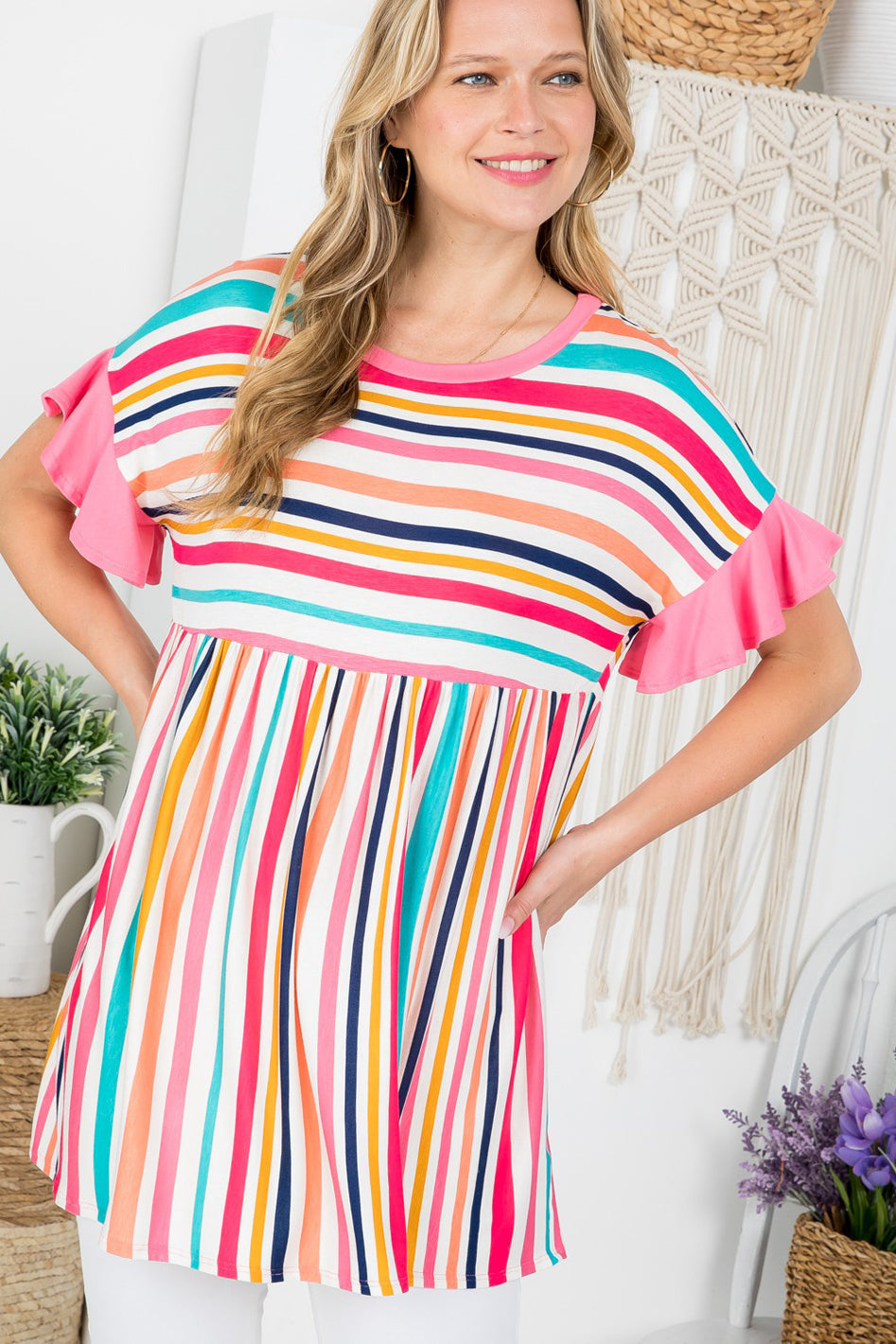 MULTI STRIPE BABYDOLL TUNIC TOP