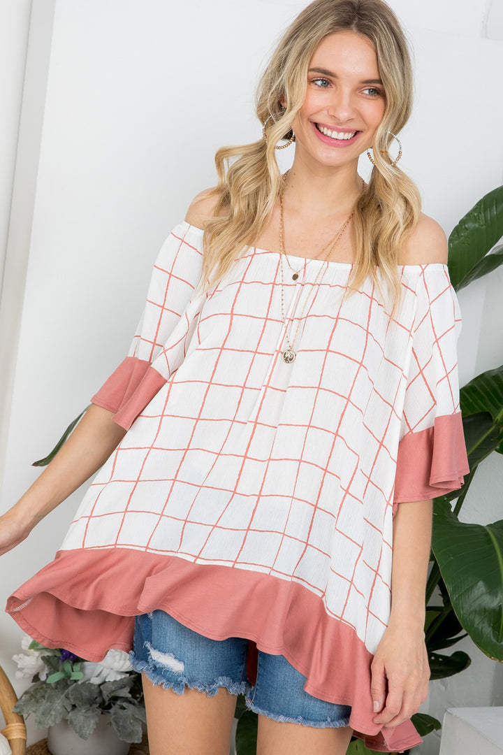 PLAID MIX RUFFLE PEASANT TOP