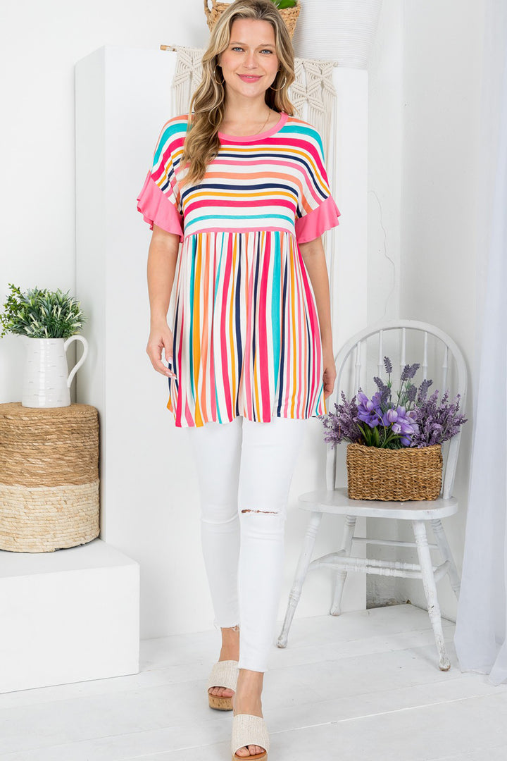 MULTI STRIPE BABYDOLL TUNIC TOP