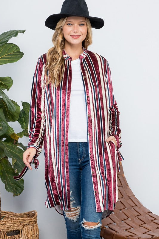 STRIPE VELVET LONG CARDIGAN