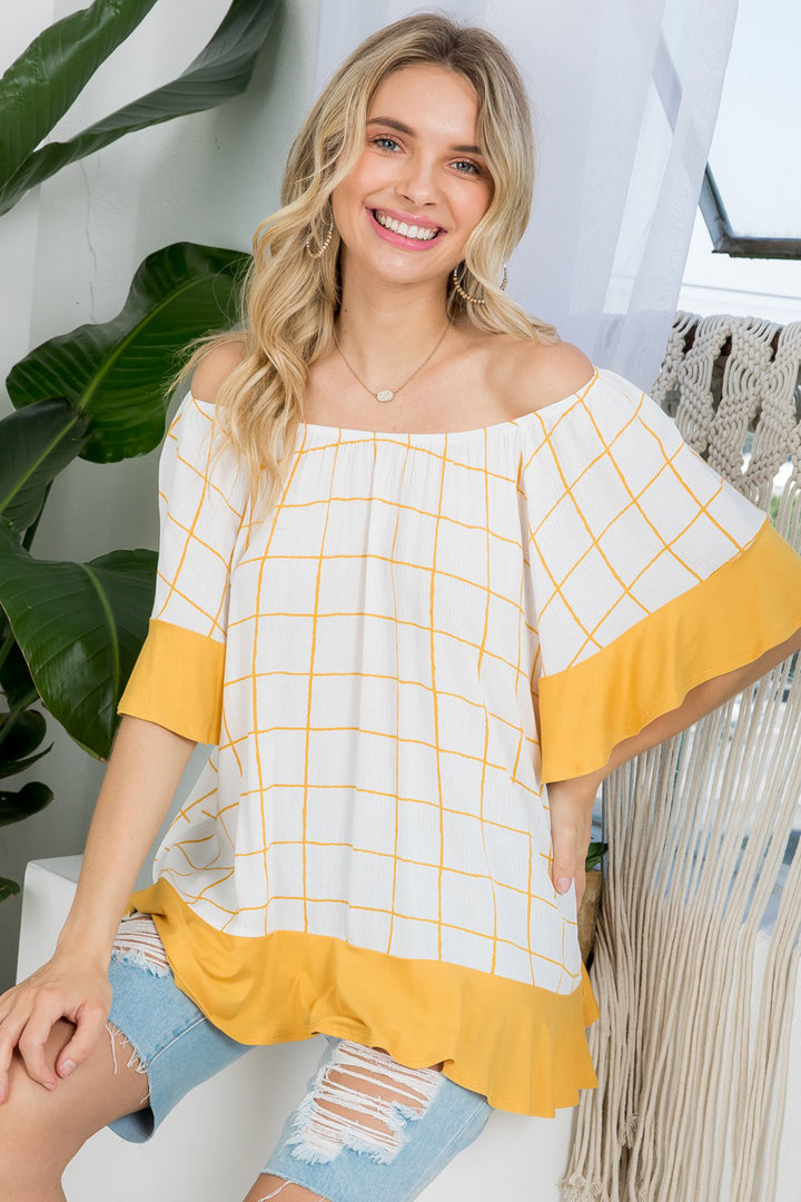 PLAID MIX RUFFLE PEASANT TOP