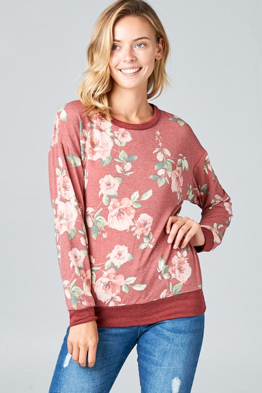 FLORAL FRENCH TERRY LONG SLEEVE TOP