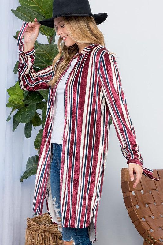 STRIPE VELVET LONG CARDIGAN