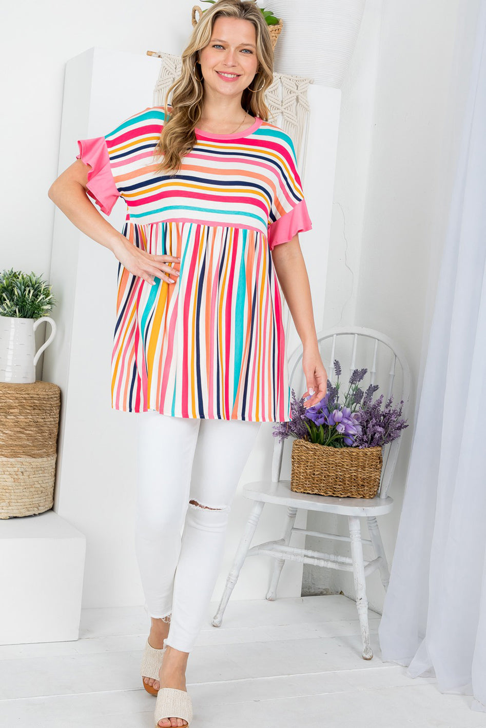 MULTI STRIPE BABYDOLL TUNIC TOP