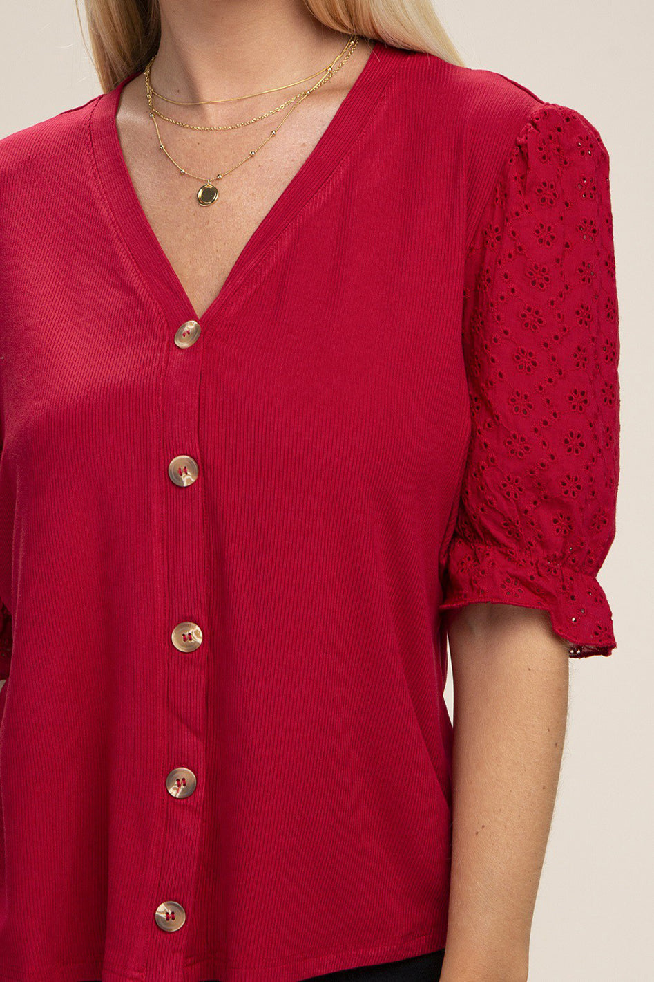 V neck Button front Blouse - Azoroh