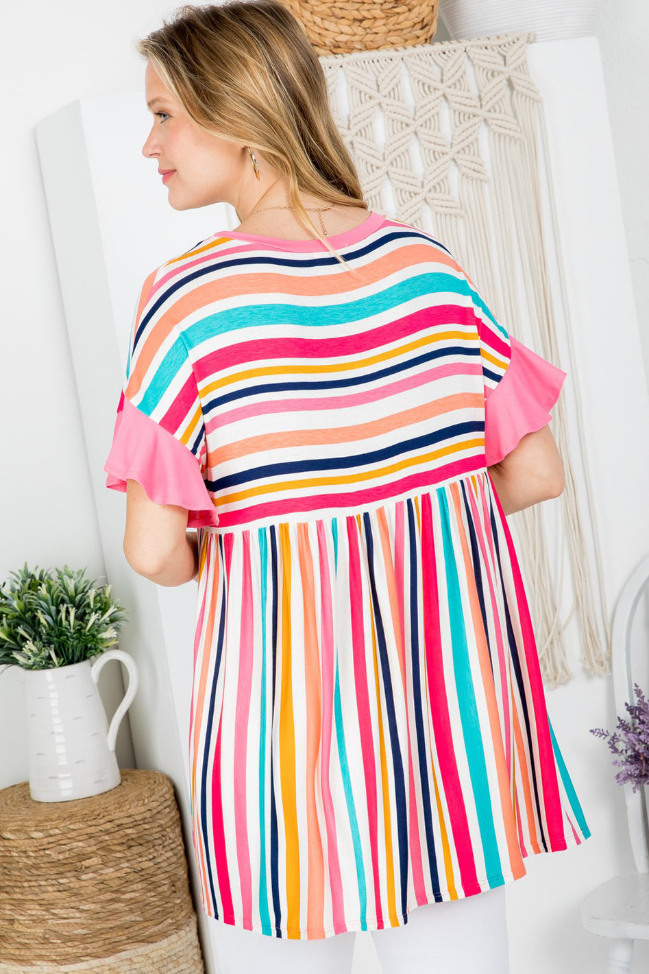 MULTI STRIPE BABYDOLL TUNIC TOP