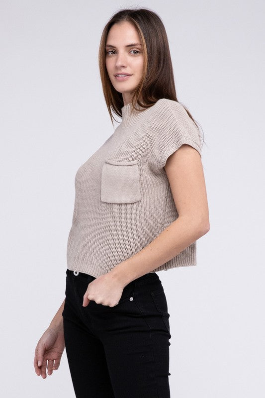 Mock Neck Short Sleeve Cropped Sweater