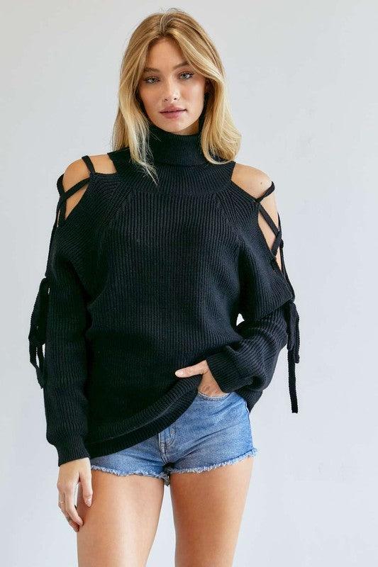 Solid Turtleneck Cutout Long Sleeve Sweater - Azoroh