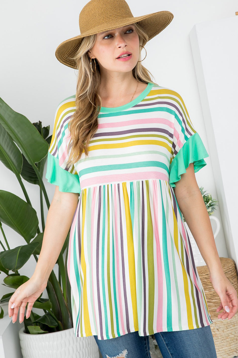 MULTI STRIPE BABYDOLL TUNIC TOP