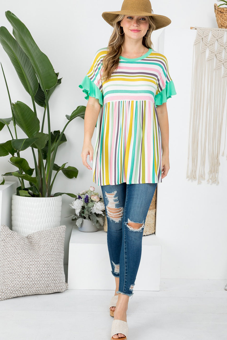 MULTI STRIPE BABYDOLL TUNIC TOP