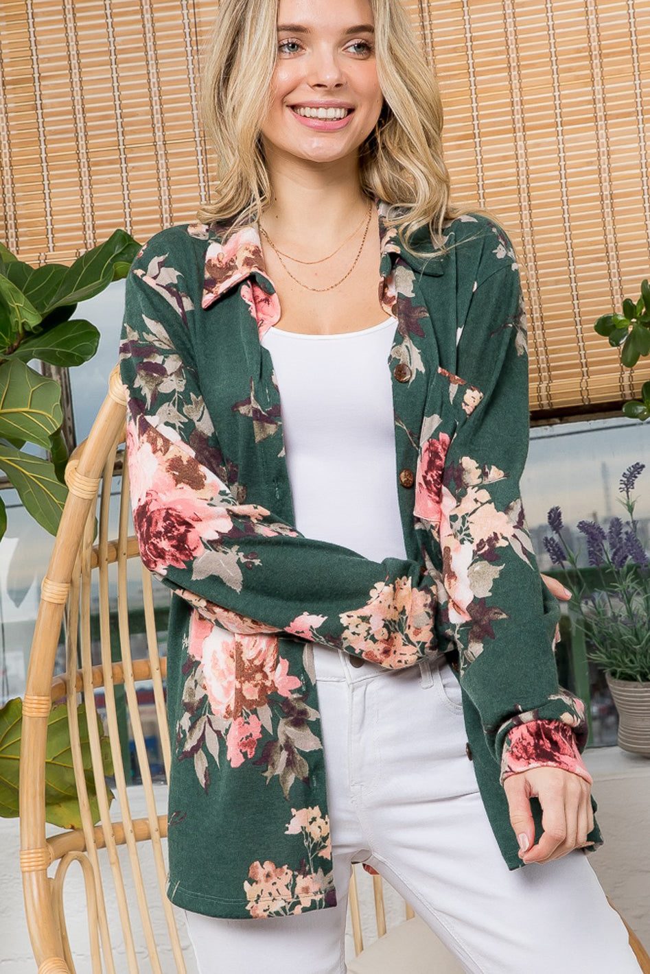 COZY FLORAL BUTTON DOWN SHACKET