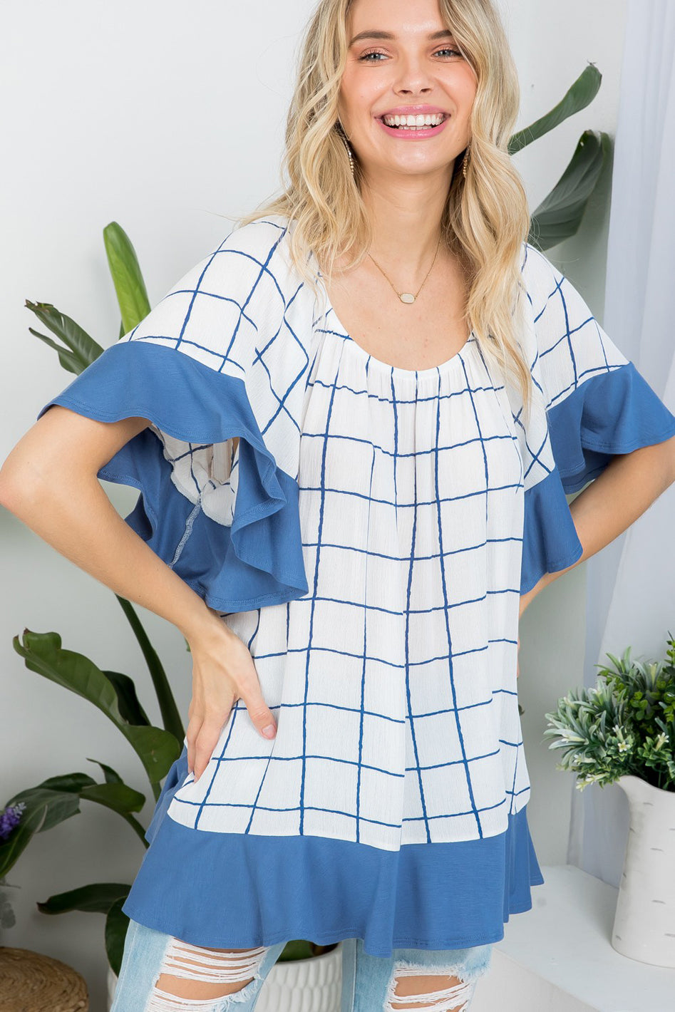 PLAID MIX RUFFLE PEASANT TOP