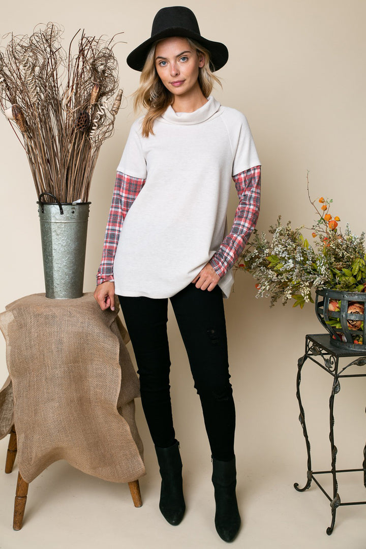 PLAID MIXED TURTLE NECK TOP