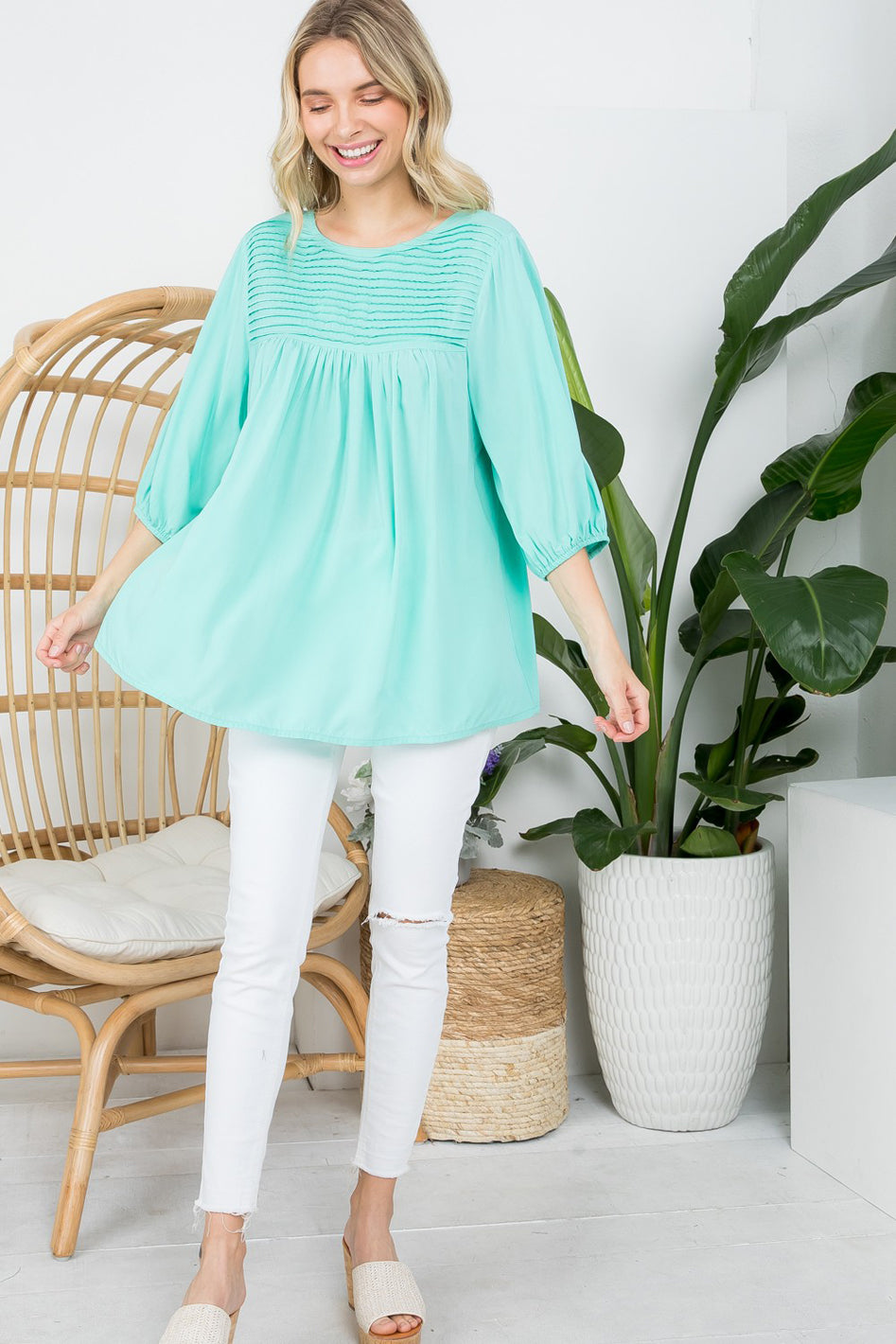 SOLID PINTUCK TUNIC BLOUSES