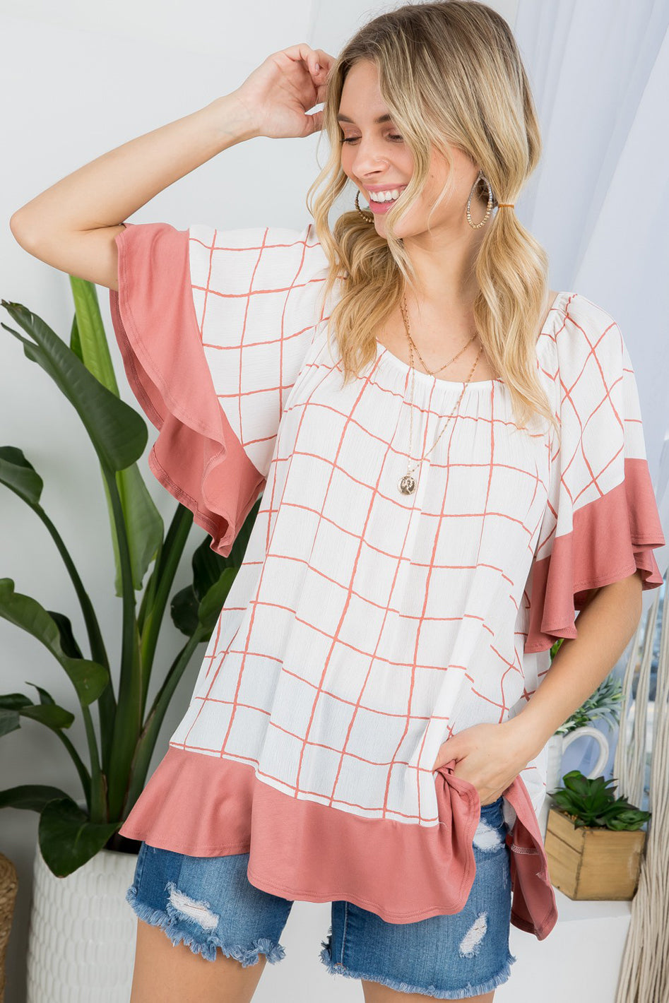 PLAID MIX RUFFLE PEASANT TOP