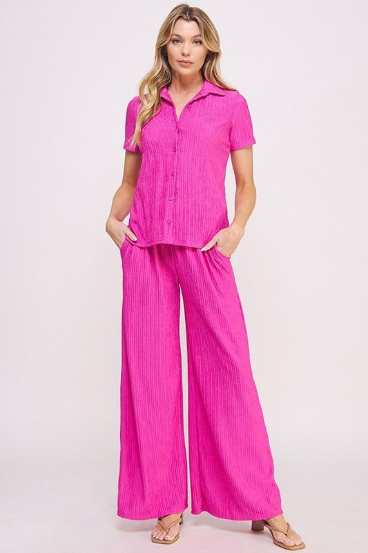 TEXTURED SHORT SLV BUTTON DOWN/WIDE LEG PANTS SET